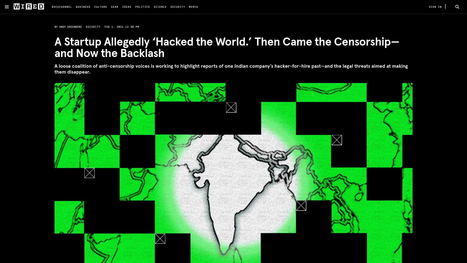 Screenshot of wired.com: A startup allegedly 'hacked the world', then came censorship, and now backlash