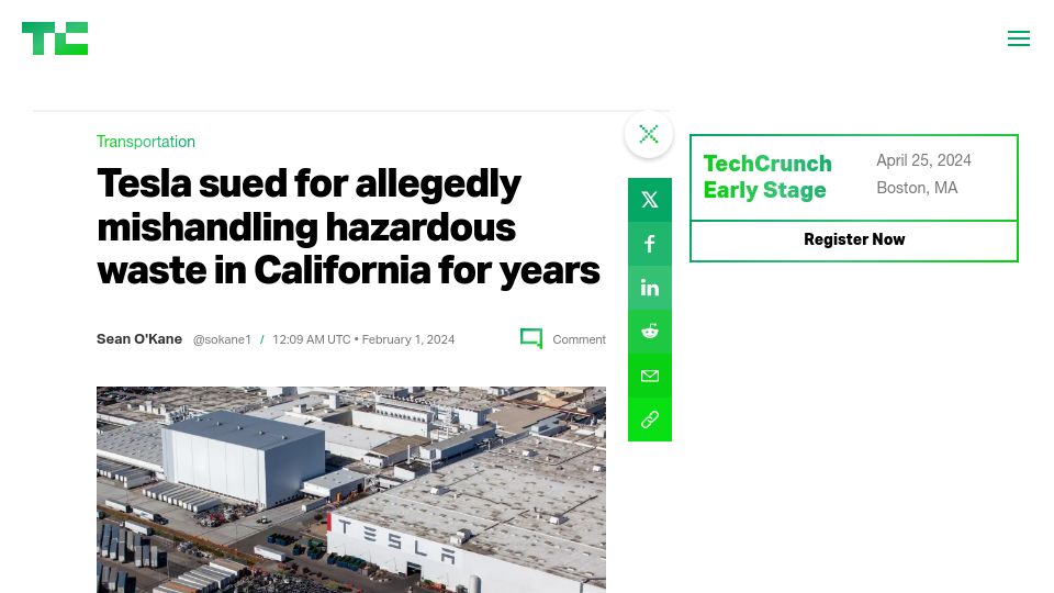 Screenshot of techcrunch.com: Tesla sued for allegedly mishandling hazardous waste in California for years