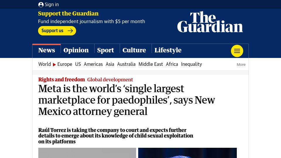 Screenshot of theguardian.com: Meta is the 'single largest market for paedophiles', says New Mexico AG