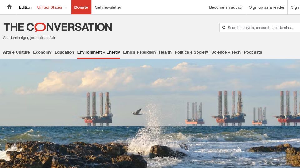 Screenshot of theconversation.com: Oil firms forced to consider climate effects of new drilling, rules Norway court