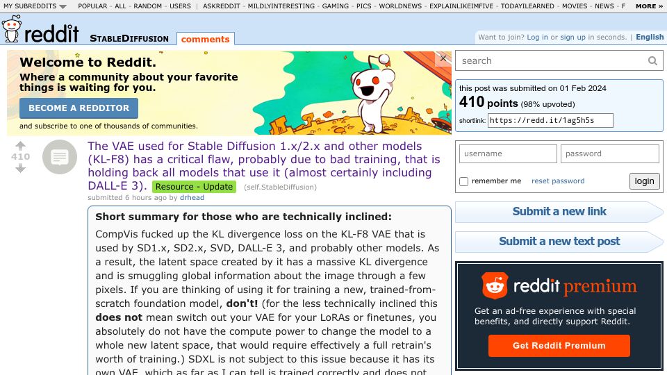 Screenshot of old.reddit.com: The VAE Used for Stable Diffusion Is Flawed