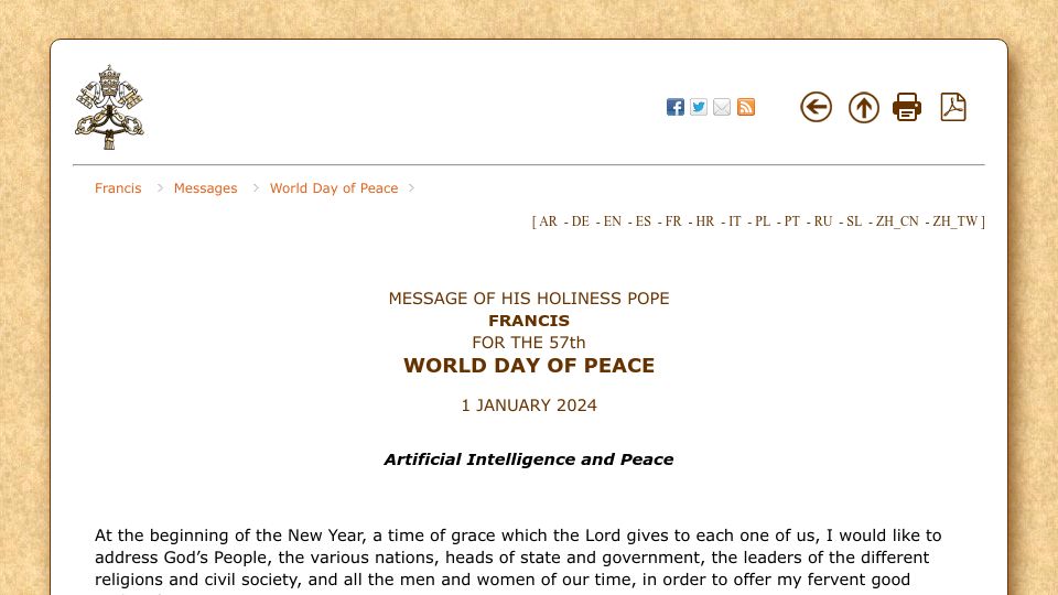 Screenshot of vatican.va: Artificial Intelligence and Peace