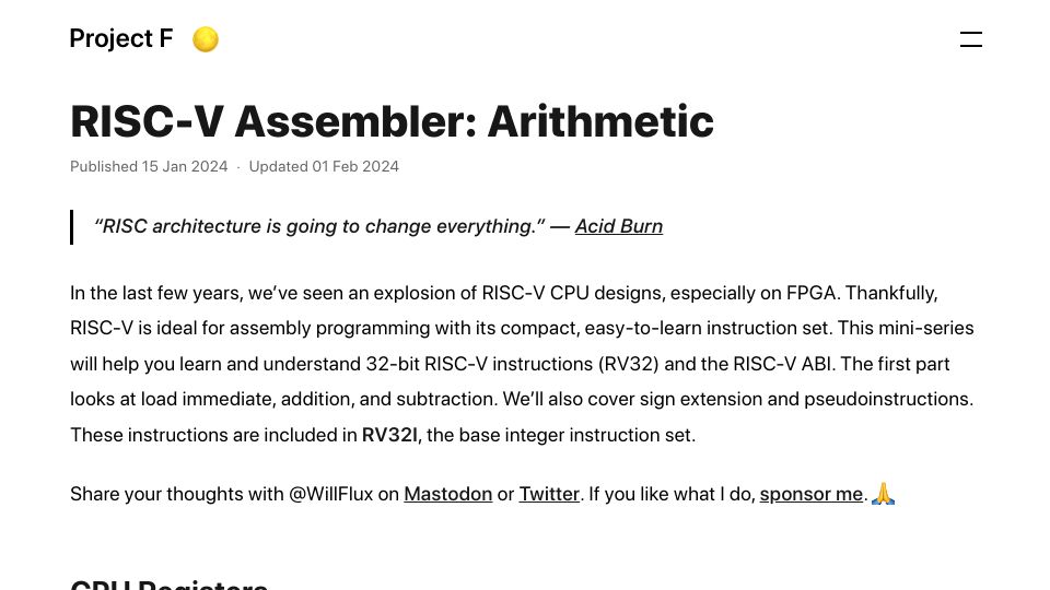 Screenshot of projectf.io: RISC-V Assembler: Arithmetic