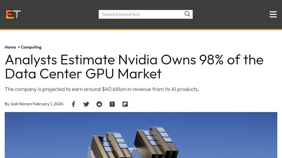 Screenshot of extremetech.com: Analysts Estimate Nvidia Owns 98% of the Data Center GPU Market