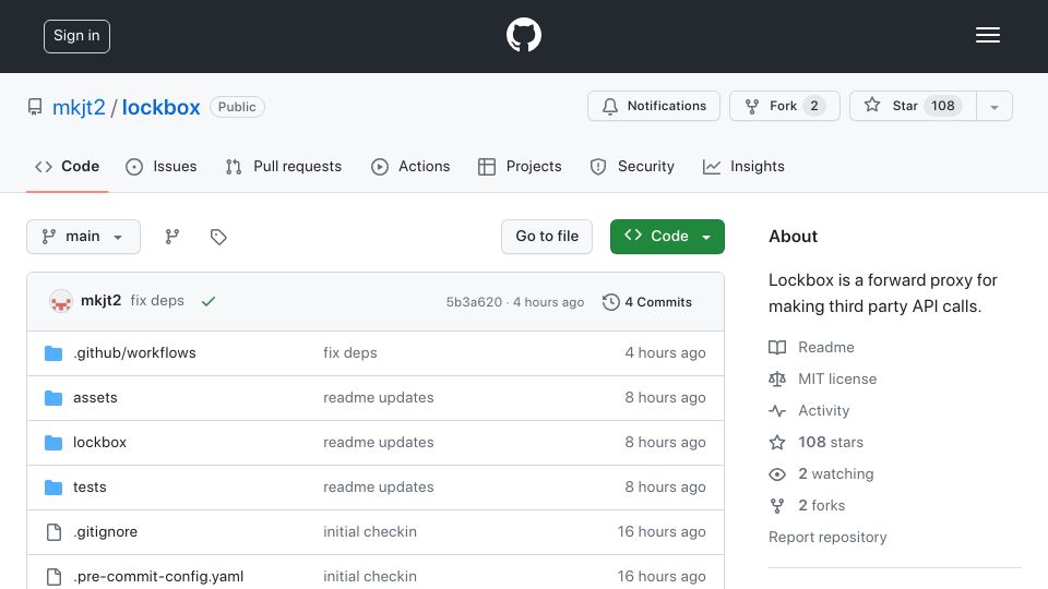 Screenshot of github.com: Show HN: Lockbox: forward proxy for making third party API calls