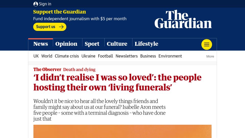 Screenshot of theguardian.com: The people hosting their own 'living funerals'