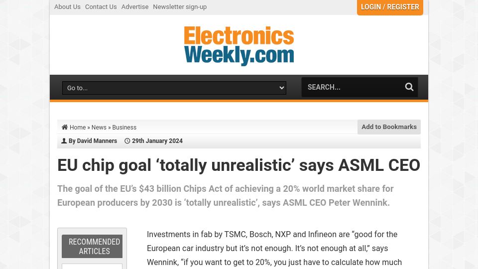 Screenshot of electronicsweekly.com: EU chip goal 'unrealistic' says ASML CEO