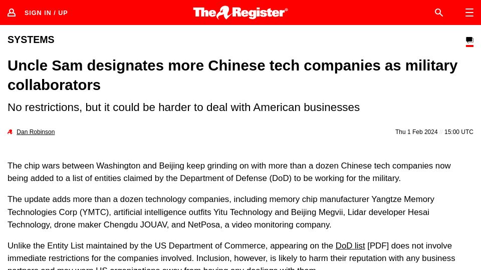 Screenshot of theregister.com: US designates more Chinese tech companies as military collaborators