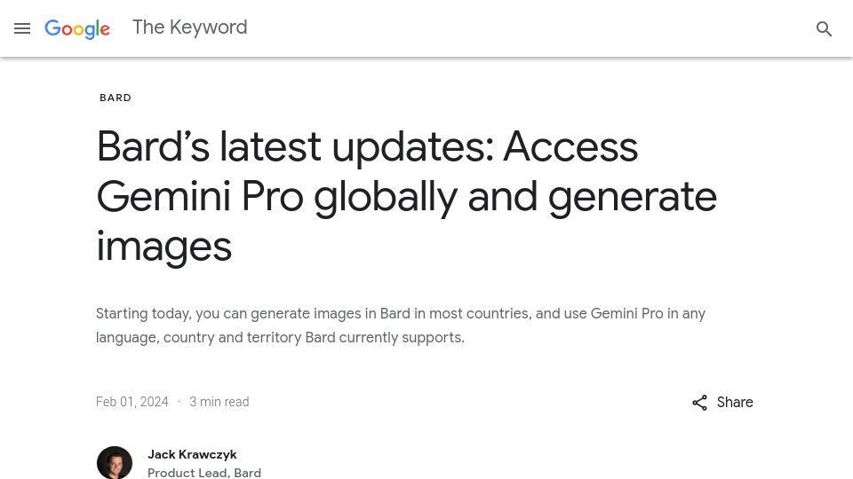Screenshot of blog.google: Bard's latest updates: Access Gemini Pro globally and generate images