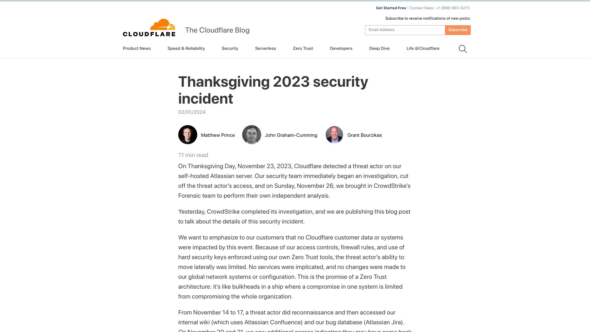 Screenshot of blog.cloudflare.com: Thanksgiving 2023 security incident
