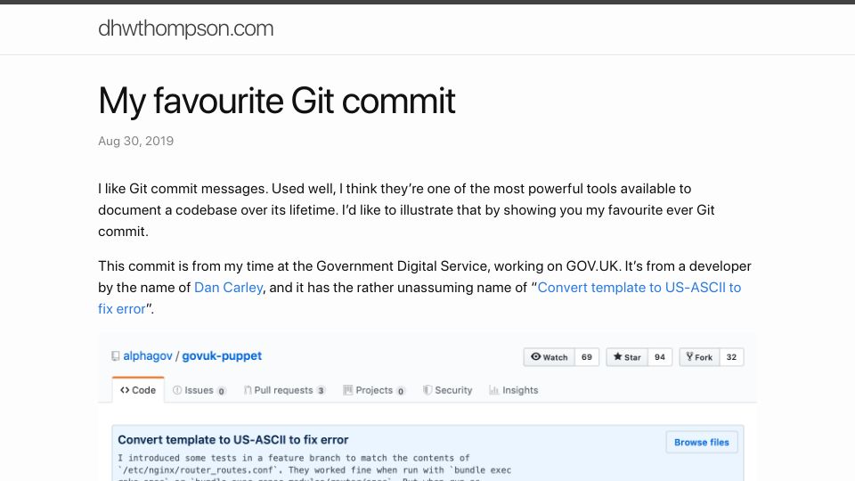Screenshot of dhwthompson.com: My favourite Git commit (2019)