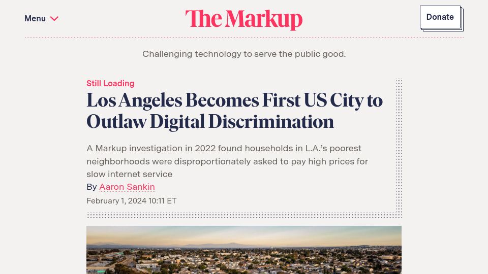Screenshot of themarkup.org: Los Angeles Becomes First US City to Outlaw Digital Discrimination