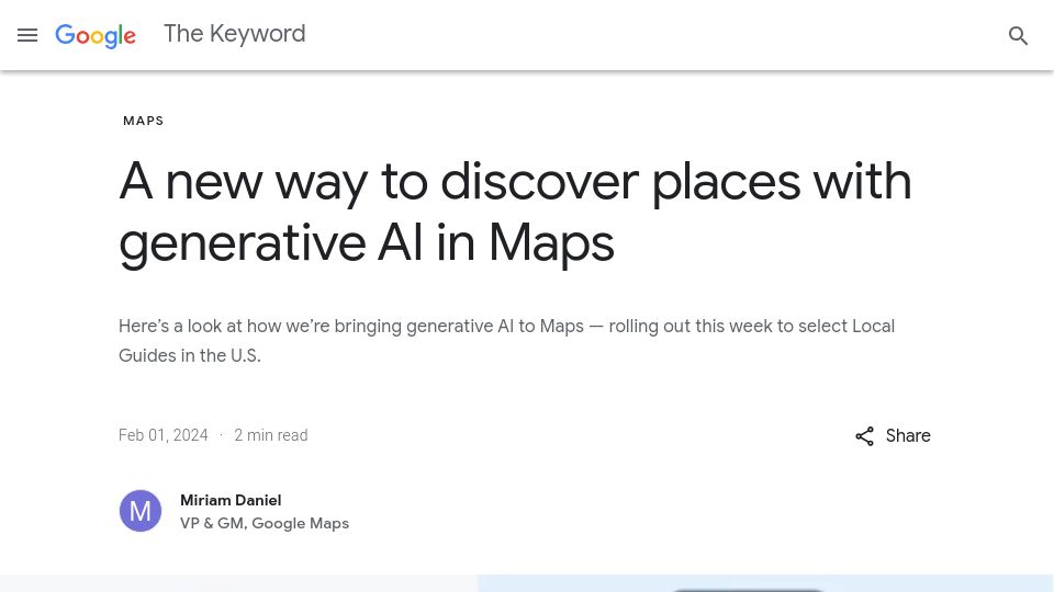 Screenshot of blog.google: A new way to discover places with generative AI in Maps