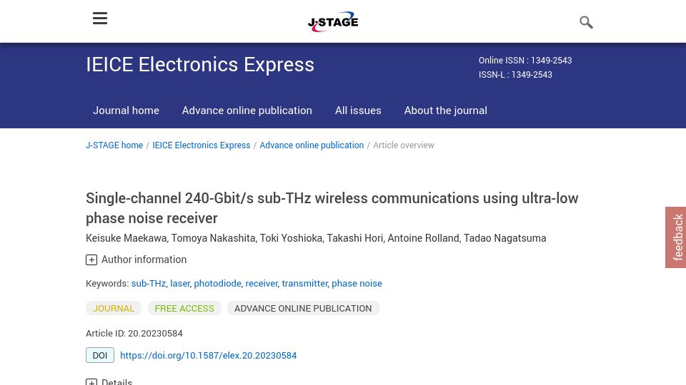 Screenshot of jstage.jst.go.jp: 240-Gbit/s sub-THz wireless communications using ultra-low phase noise receiver