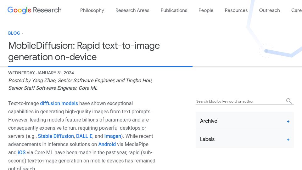 Screenshot of blog.research.google: MobileDiffusion: Rapid text-to-image generation on-device