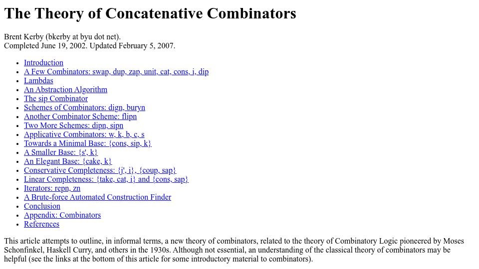Screenshot of tunes.org: The theory of concatenative combinators (2007)