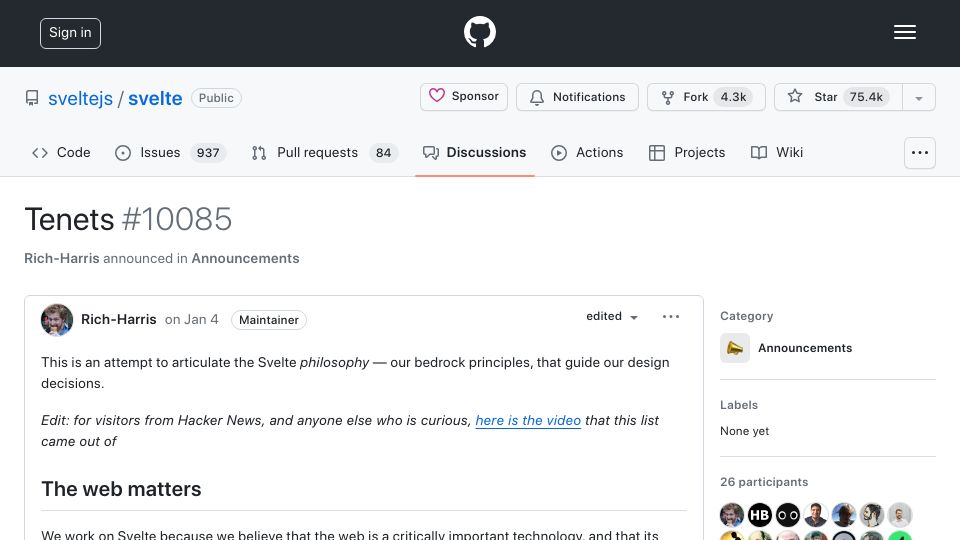 Screenshot of github.com: Tenets
