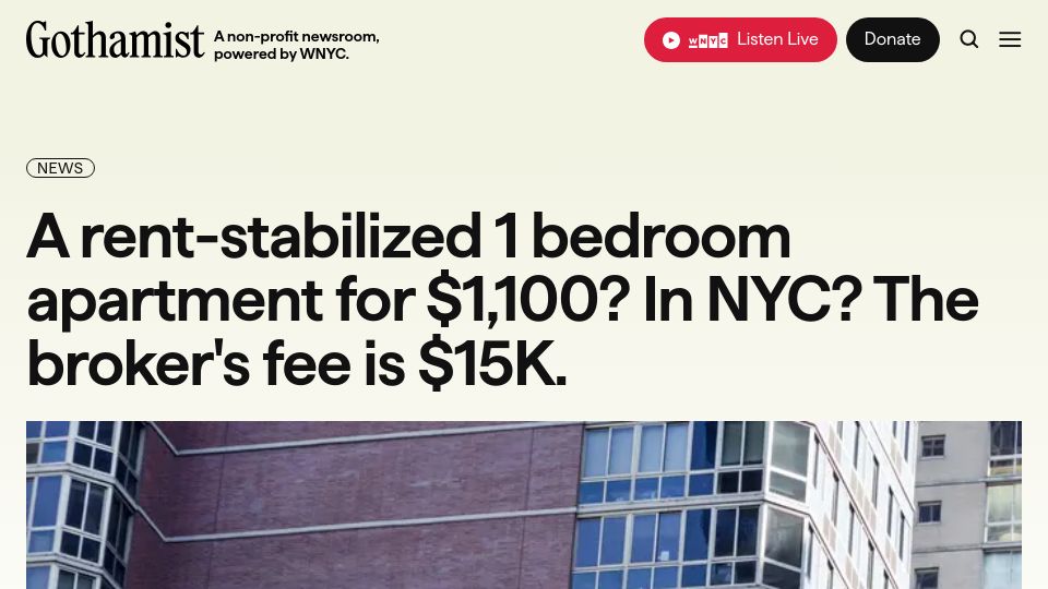 Screenshot of gothamist.com: A rent-stabilized 1 bedroom apartment for $1,100 In NYC? broker's fee is $15K