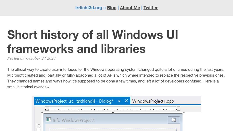 Screenshot of irrlicht3d.org: Short history of all Windows UI frameworks and libraries