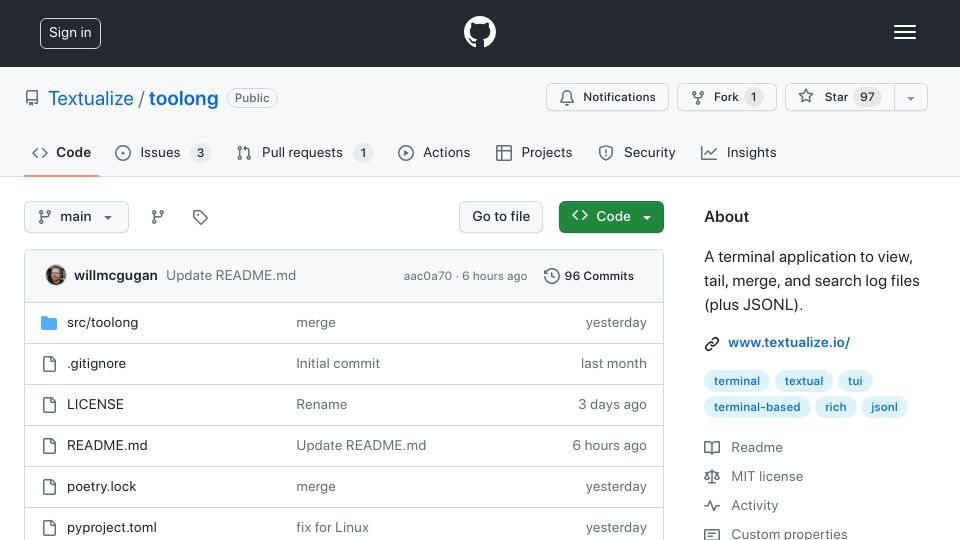Screenshot of github.com: Toolong: Terminal application to view, tail, merge, and search log files