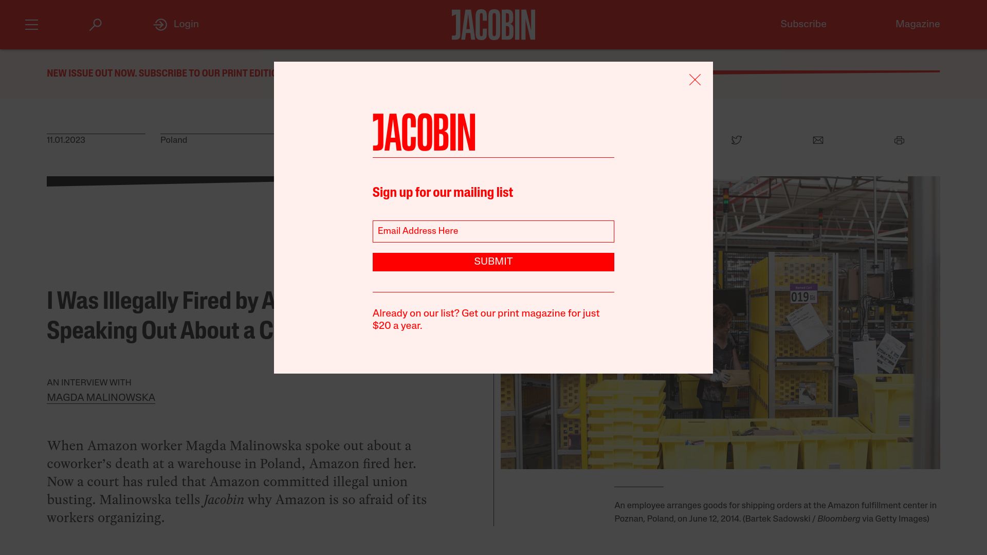 Screenshot of jacobin.com: I Was Illegally Fired by Amazon for Speaking Out About a Coworker's Death (2023)