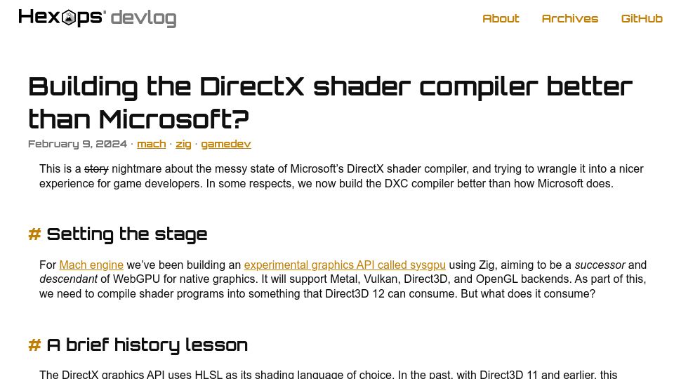Screenshot of devlog.hexops.com: Building the DirectX shader compiler better than Microsoft?