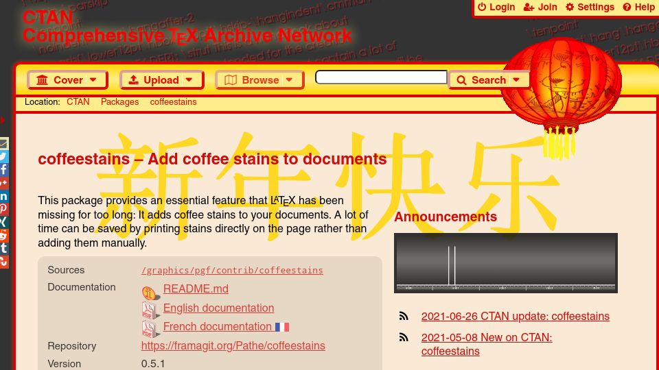 Screenshot of ctan.org: Add coffee stains to LaTeX documents (2021)