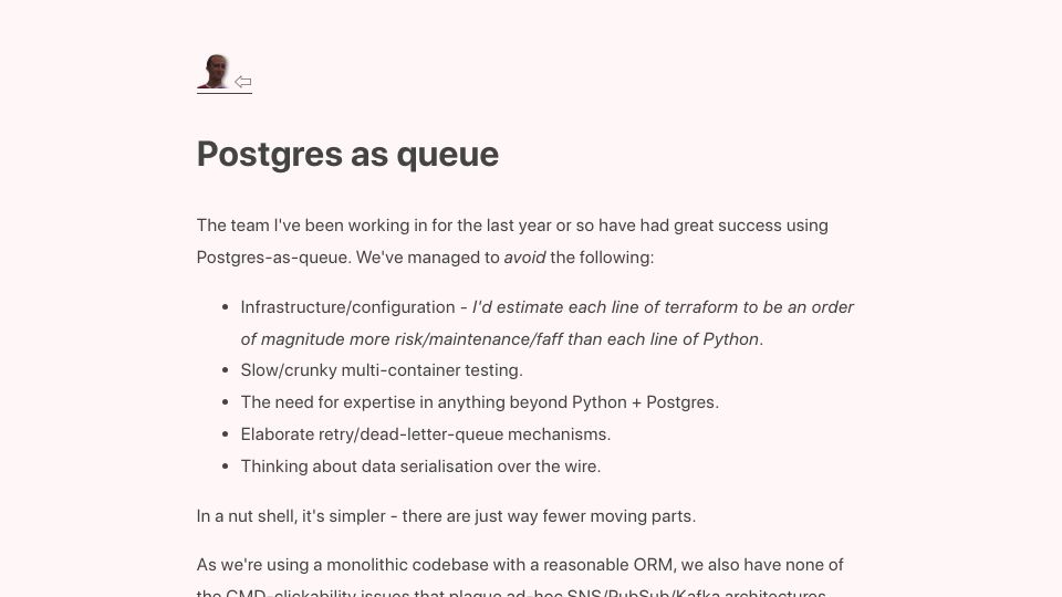Screenshot of leontrolski.github.io: Postgres as queue