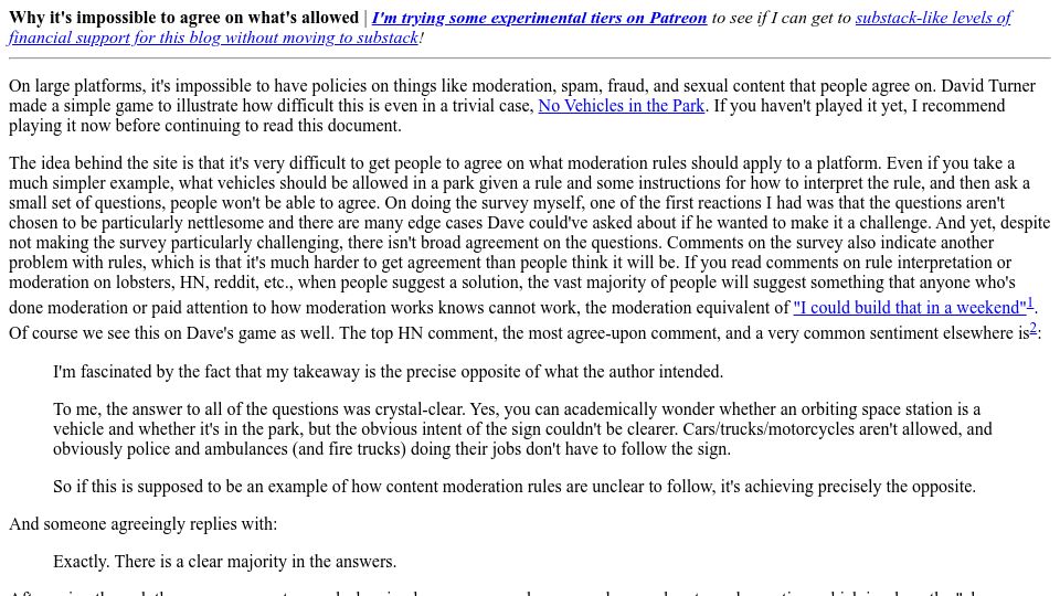 Screenshot of danluu.com: Why it's impossible to agree on what's allowed