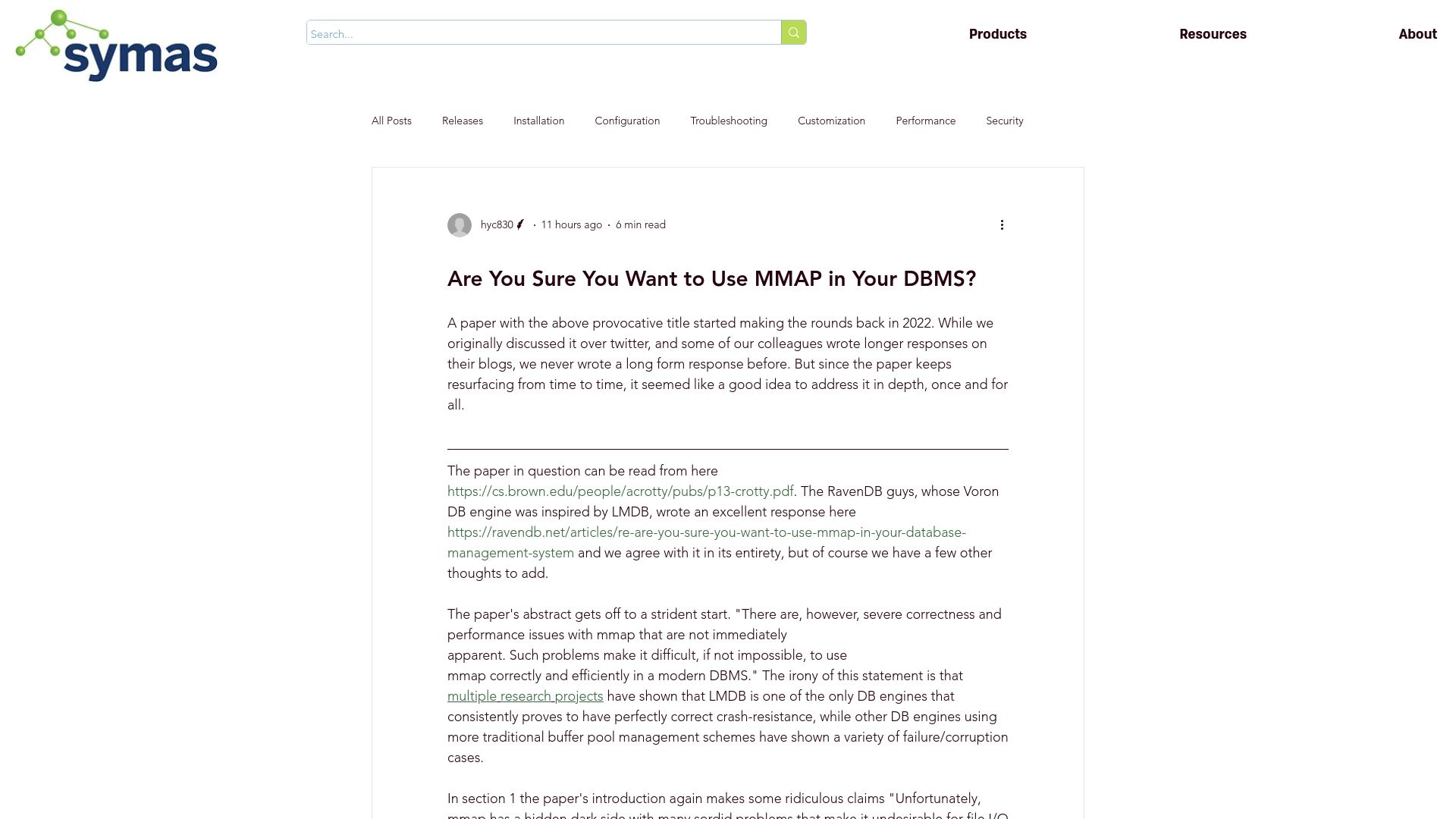 Screenshot of symas.com: Are you sure you want to use MMAP in your DBMS?