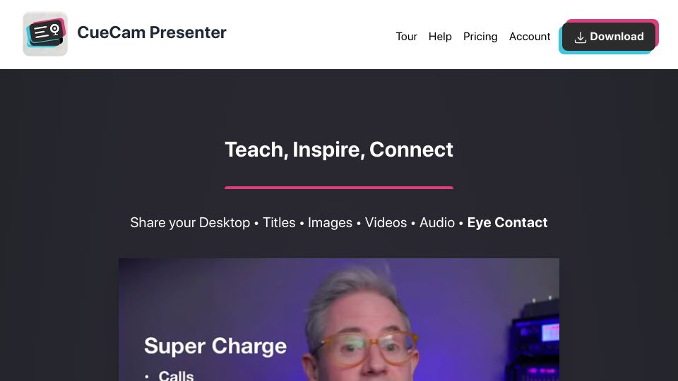 Screenshot of cuecam-presenter.com: Show HN: Presentations for your webcam, not a projector