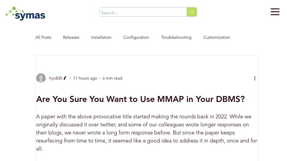 Screenshot of symas.com: Are you sure you want to use MMAP in your DBMS?