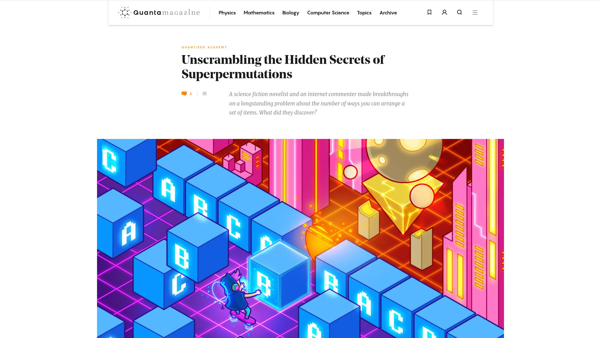 Screenshot of quantamagazine.org: Unscrambling the hidden secrets of superpermutations