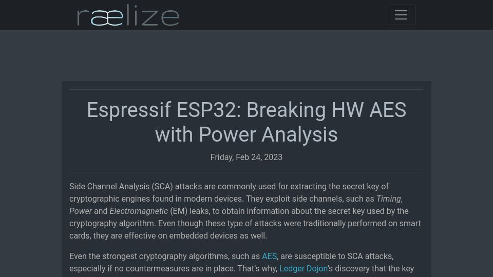 Screenshot of raelize.com: Espressif ESP32: Breaking HW AES with Power Analysis (2023)