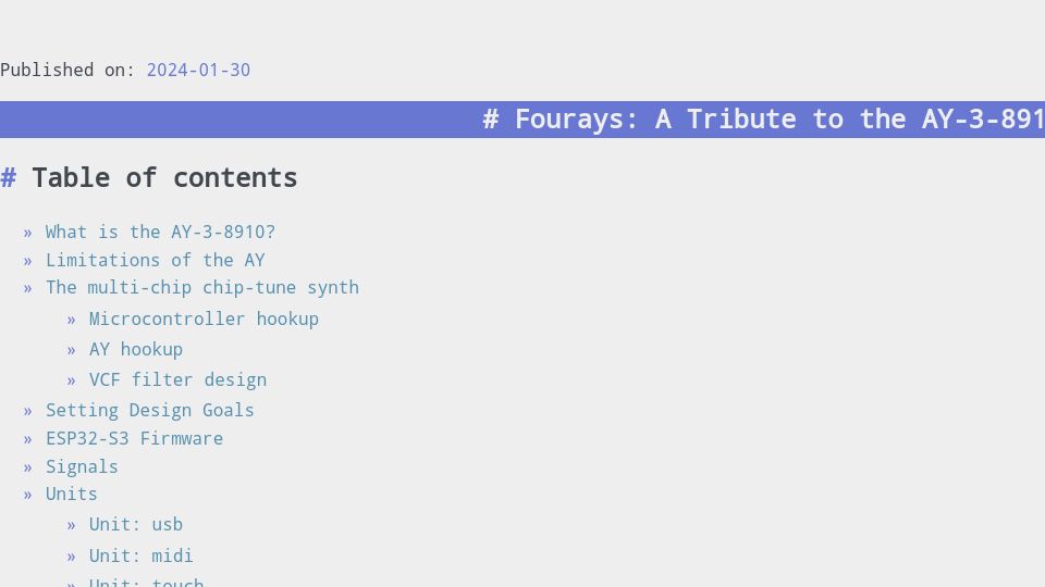 Screenshot of doug.lon.dev: Fourays: A Tribute to the AY-3-8910