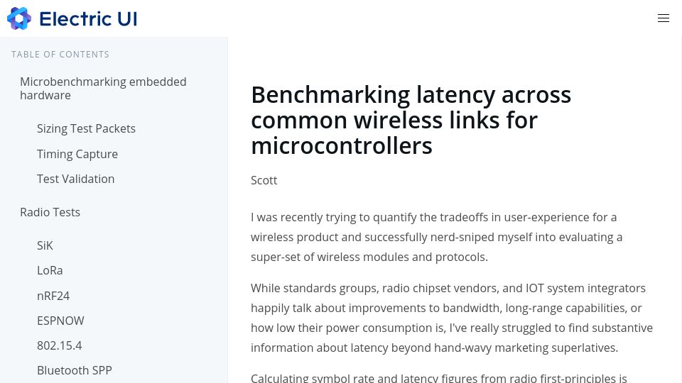 Screenshot of electricui.com: Benchmarking latency across common wireless links for microcontrollers
