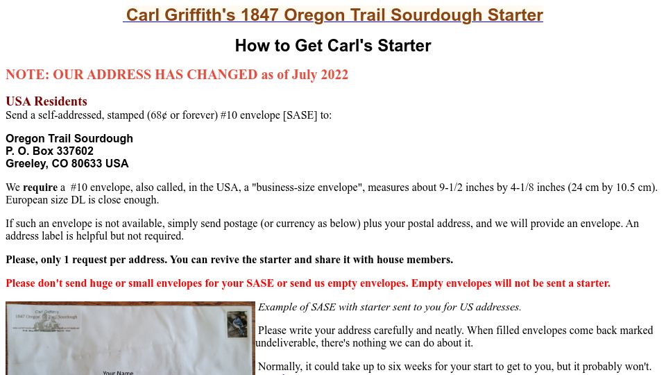 Screenshot of carlsfriends.net: Carl Griffith's 1847 Oregon Trail Sourdough Starter