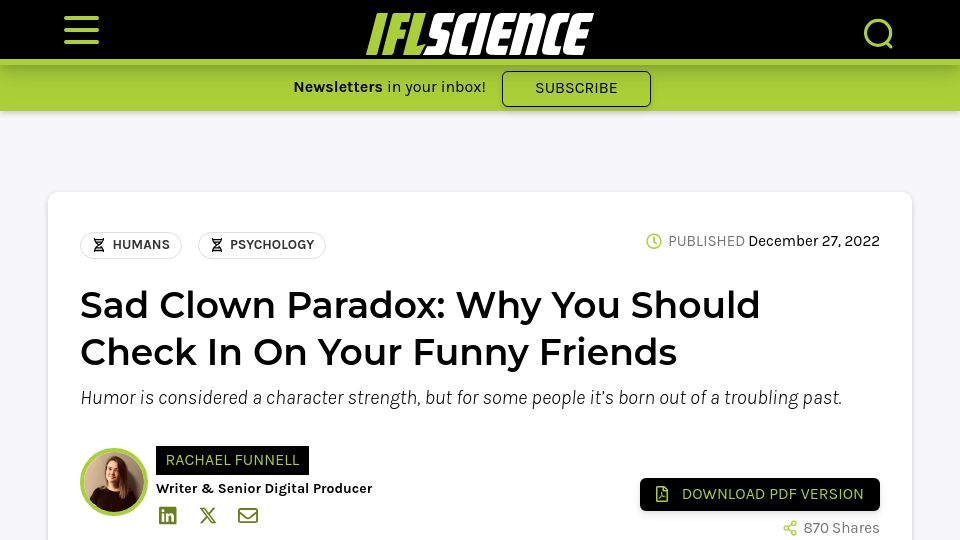 Screenshot of psychologytoday.com: The Tears of a Clown: Probing the comedian's psyche (2008)