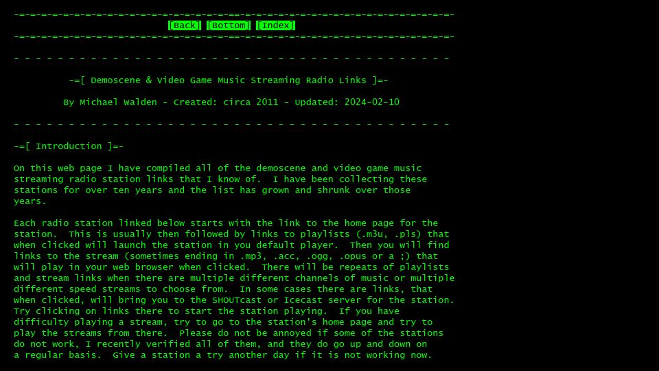 Screenshot of mw.rat.bz: Demoscene and video game music streaming radio links