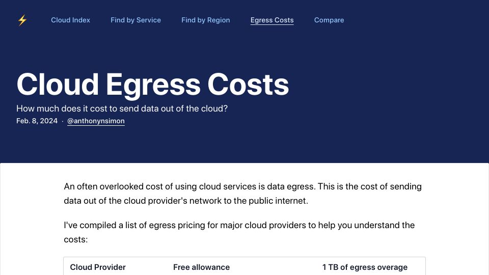 Screenshot of getdeploying.com: Cloud Egress Costs