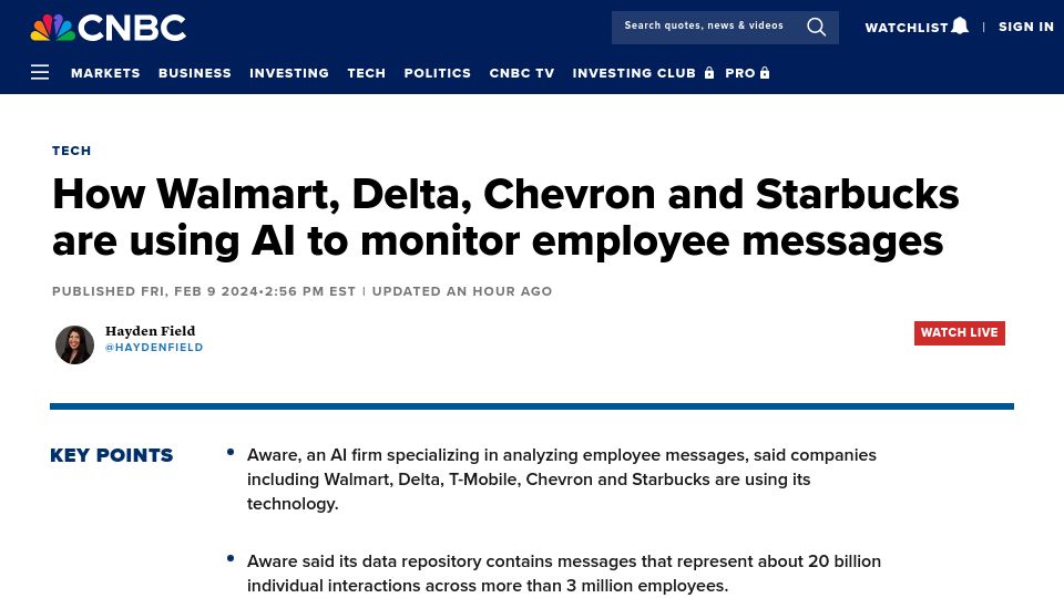 Screenshot of cnbc.com: Walmart, Delta, and Starbucks are using AI to monitor employee messages