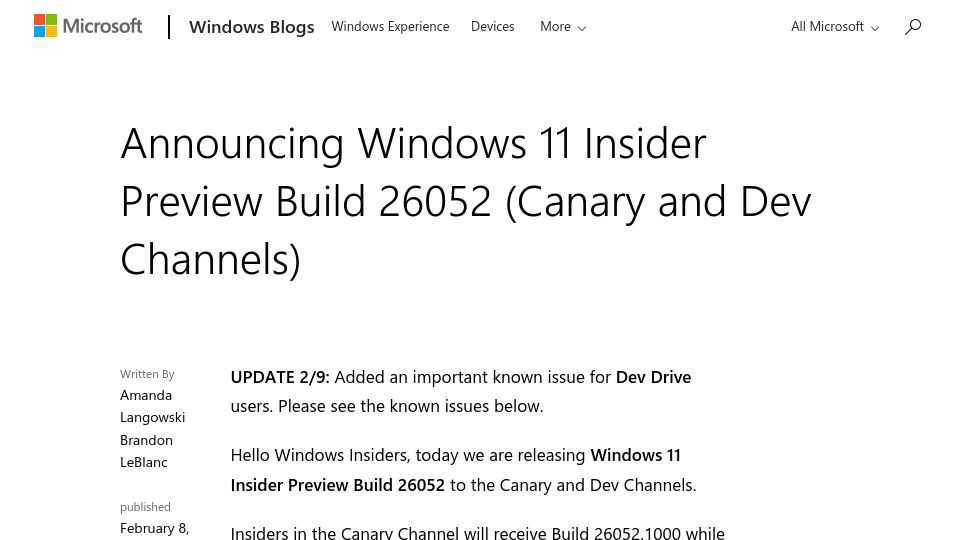 Screenshot of blogs.windows.com: Mixed Reality gone in Windows 11 Insider Preview Build 26052