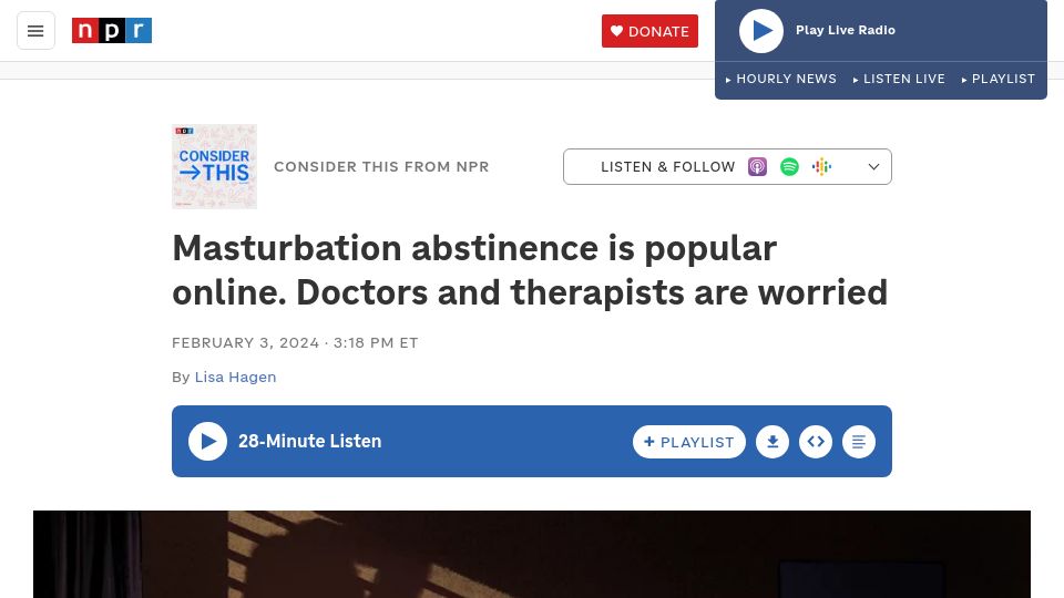 Screenshot of npr.org: Masturbation abstinence is popular online. Doctors and therapists are worried