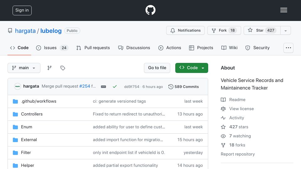 Screenshot of github.com: LubeLogger: Self-hosted, open-source vehicle service records and tracker