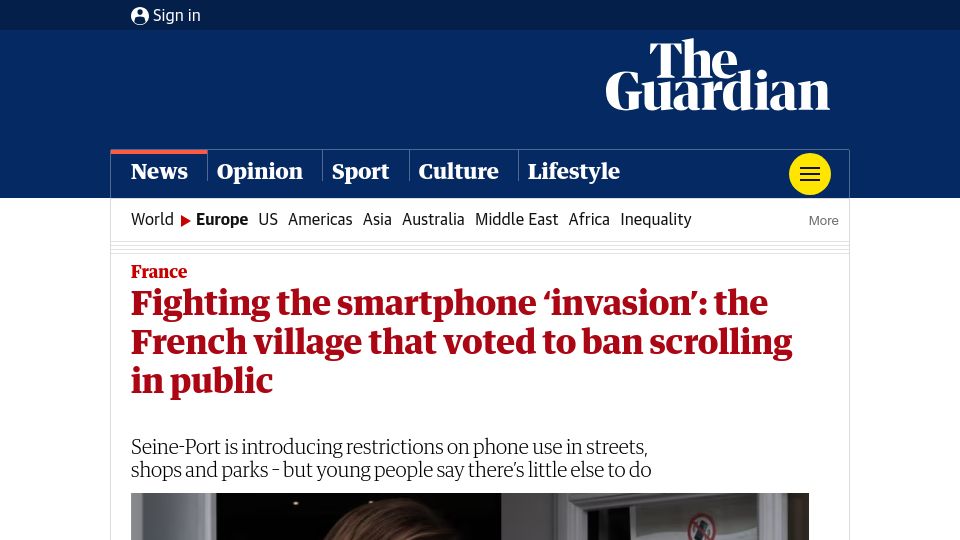 Screenshot of theguardian.com: A French village that voted to ban scrolling in public