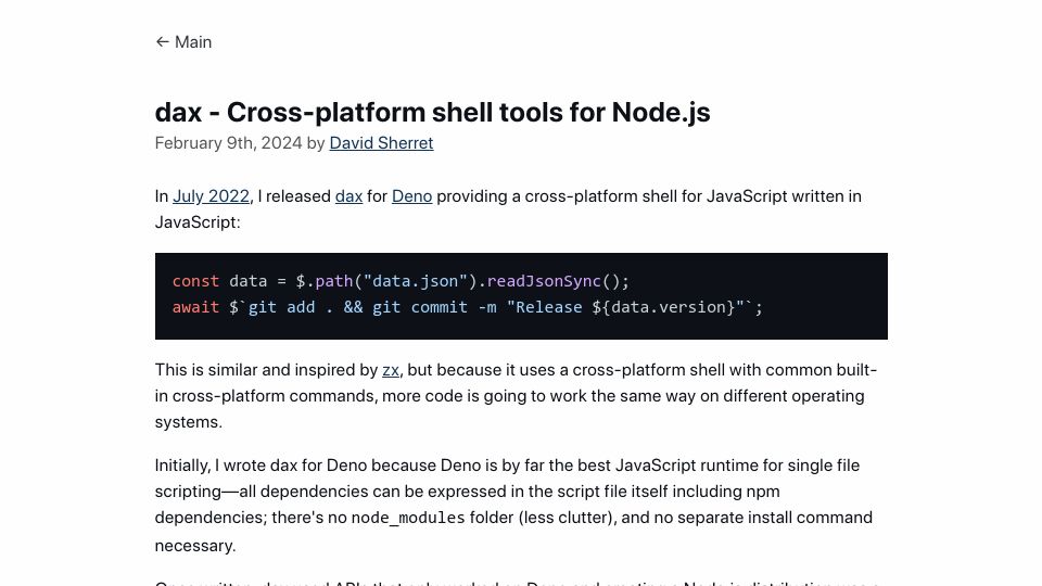 Screenshot of david.deno.dev: Dax – Cross-platform shell for Node.js