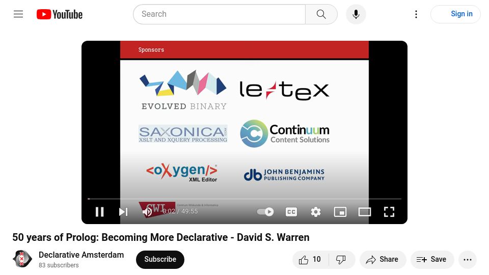 Screenshot of youtube.com: 50 Years of Prolog: Becoming More Declarative [video]