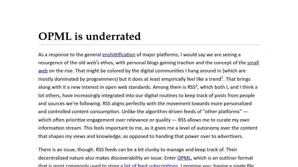Screenshot of kmaasrud.com: OPML is underrated