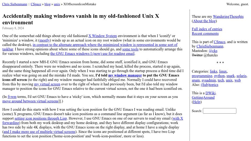Screenshot of utcc.utoronto.ca: Accidentally making windows vanish in my old-fashioned Unix X environment