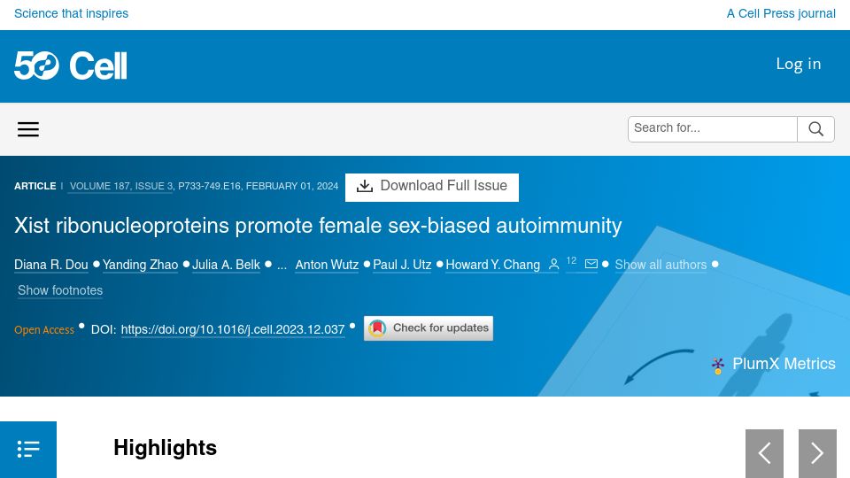 Screenshot of cell.com: Xist ribonucleoproteins promote female sex-biased autoimmunity